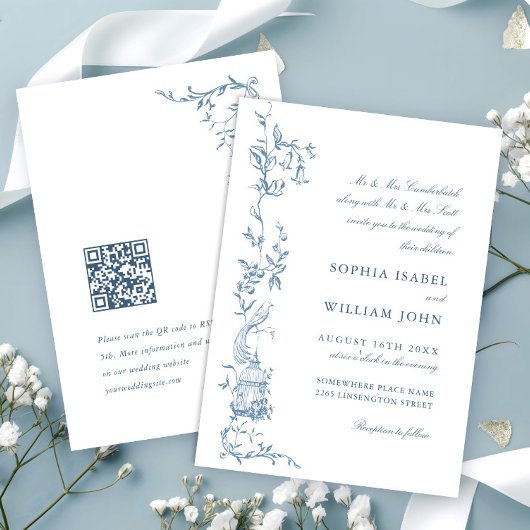 Elegante Victoriaans  Floral Dusty Blue Wedding Kaart