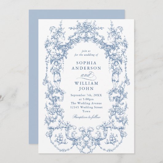 Elegante Victoriaans Floral Dusty Blue Wedding Kaart (Voorkant / Achterkant)