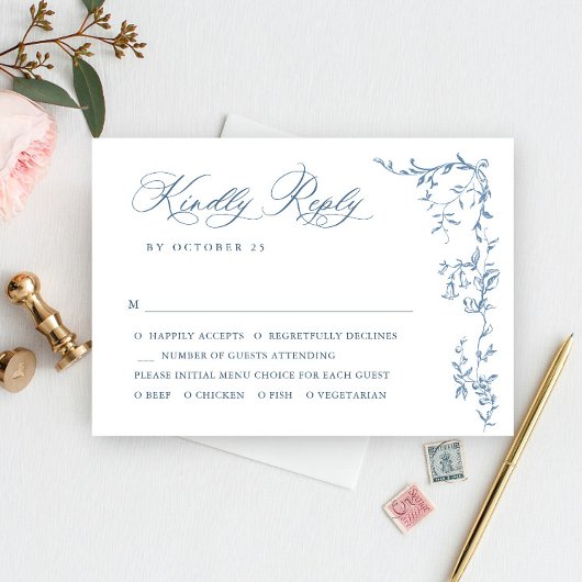Elegante Victoriaans Floral Dusty Blue Wedding RSVP Kaartje