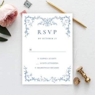 Elegante Victoriaans Floral Dusty Blue Wedding RSVP Kaartje