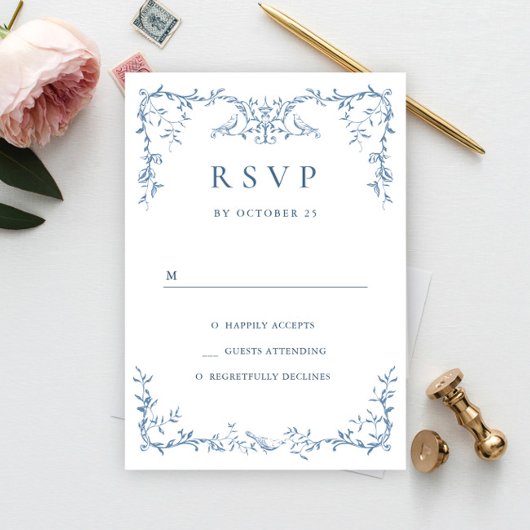 Elegante Victoriaans Floral Dusty Blue Wedding RSVP Kaartje