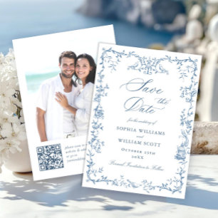 Elegante Victoriaans  Floral Dusty Blue Wedding Save The Date