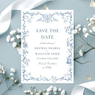 Elegante Victoriaans Floral Dusty Blue Wedding Save The Date