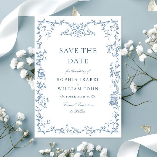 Elegante Victoriaans  Floral Dusty Blue Wedding Save The Date