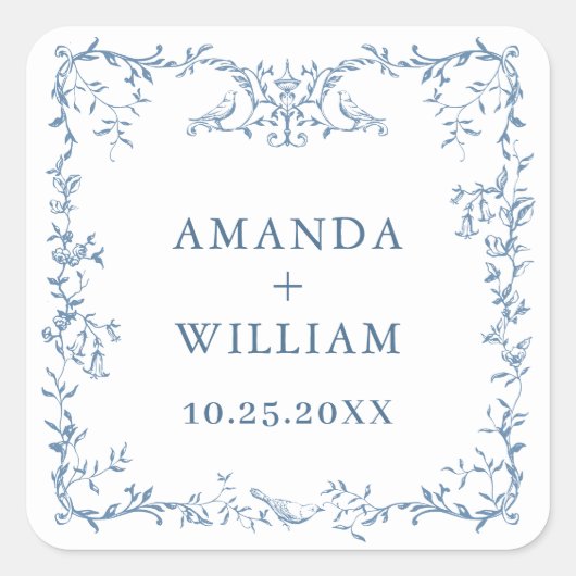 Elegante Victoriaans  Floral Dusty Blue Wedding Vierkante Sticker (Voorkant)