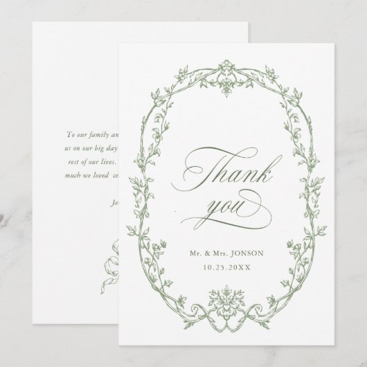 Elegante Victoriaans Floral Sage Green Wedding Bedankkaart (Voorkant / Achterkant)