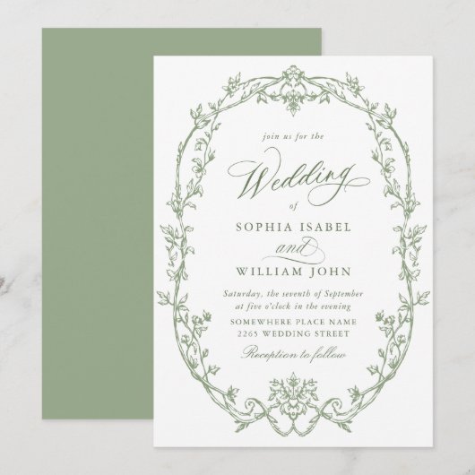 Elegante Victoriaans  Floral Sage Green Wedding Kaart (Voorkant / Achterkant)