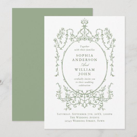 Elegante Victoriaans Floral Sage Green Wedding Kaart (Voorkant / Achterkant)