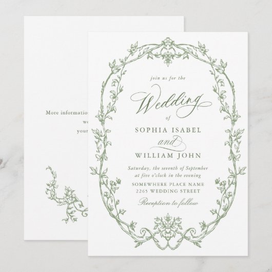 Elegante Victoriaans  Floral Sage Green Wedding Kaart (Voorkant / Achterkant)
