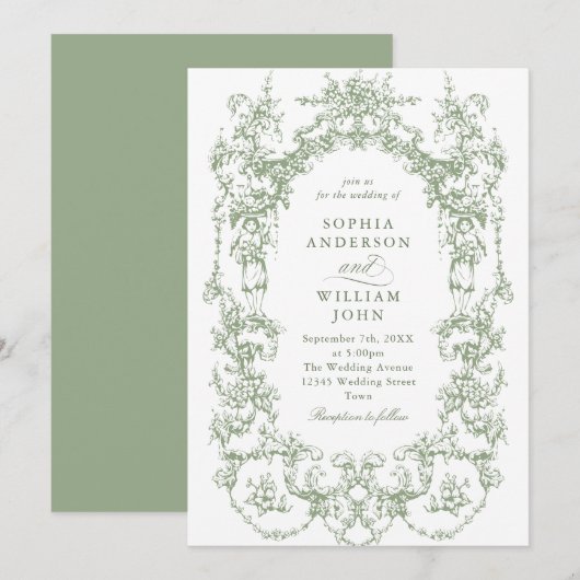 Elegante Victoriaans Floral Sage Green Wedding Kaart (Voorkant / Achterkant)