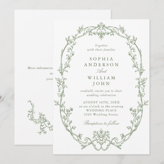 Elegante Victoriaans Floral Sage Green Wedding Kaart (Voorkant / Achterkant)
