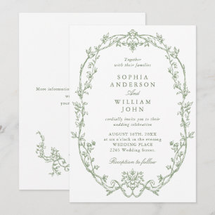 Elegante Victoriaans Floral Sage Green Wedding Kaart
