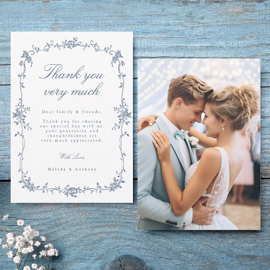 Elegante Victoriaans Franse Blauwe Bloemen Trouwfo Bedankkaart