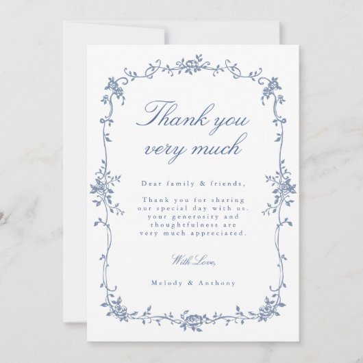 Elegante Victoriaans Franse Blauwe Bloemen Trouwfo Bedankkaart (Voorkant)