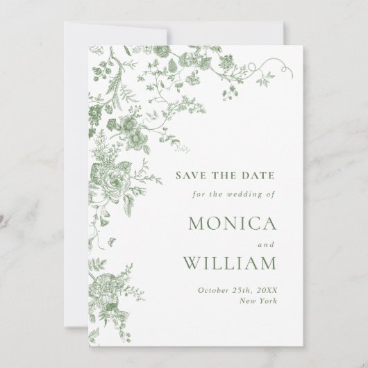 Elegante Victoriaans groene Franse Bloemen bruilof Save The Date (Voorkant)