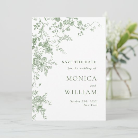 Elegante Victoriaans groene Franse Bloemen bruilof Save The Date (Staand voorkant)