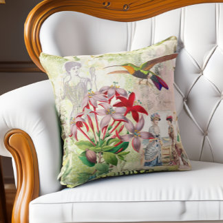 Elegante Victoriaans Mode Collage Bloemen Vogels Kussen