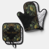 Elegante Victoriaans moody donkergroen goud botani Ovenwant & Pannenlap Set (Voorkant / Achterkant)