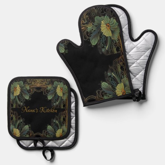 Elegante Victoriaans moody donkergroen goud botani Ovenwant & Pannenlap Set (Voorkant / Achterkant)