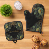 Elegante Victoriaans moody donkergroen goud botani Ovenwant & Pannenlap Set (Top down)