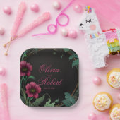 Elegante Victoriaans moody donkergroen roze bloeme Papieren Bordje (Feest)