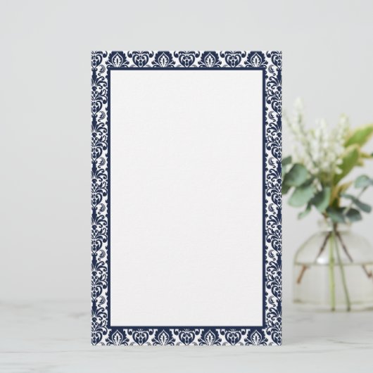Elegante Victoriaans Navy Lace Damask Pattern Bord Briefpapier (Staand voorkant)