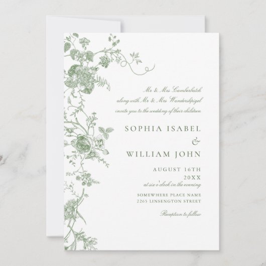 Elegante Victoriaans Sage Green Franse Floral Wedd Kaart (Voorkant)