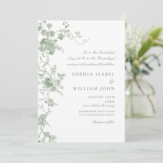Elegante Victoriaans Sage Green Franse Floral Wedd Kaart (Staand voorkant)