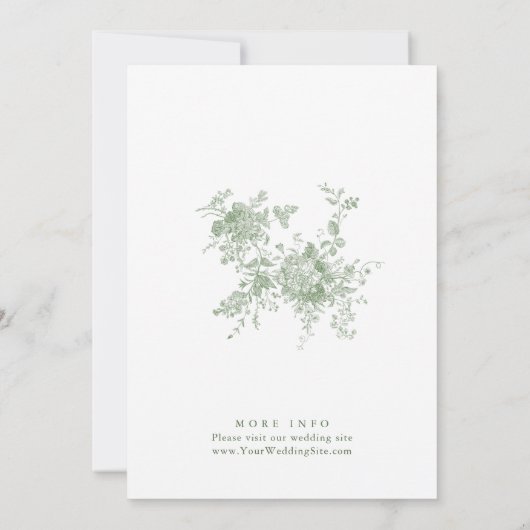 Elegante Victoriaans Sage Green Franse Floral Wedd Kaart (Achterkant)
