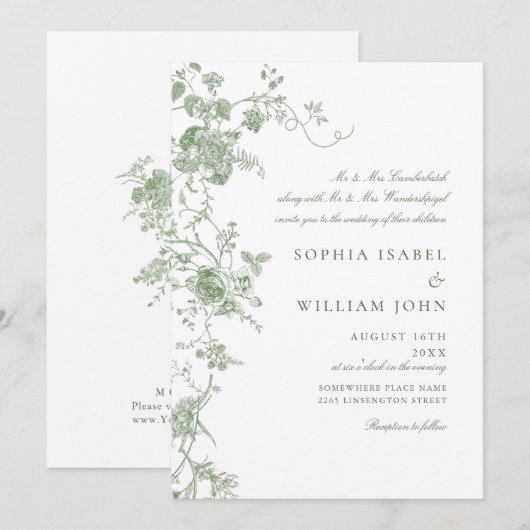 Elegante Victoriaans Sage Green Franse Floral Wedd Kaart (Voorkant / Achterkant)