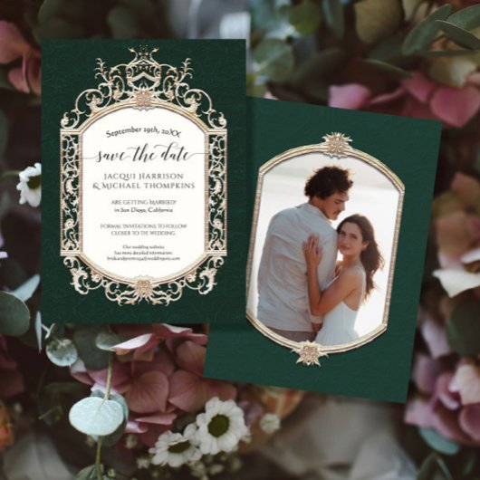 Elegante  Victoriaans Smaragd en Gouden Foto Kaart