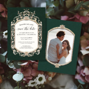 Elegante  Victoriaans Smaragd en Gouden Foto Kaart