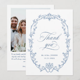 Elegante Victoriaans stoffige blauwe trouwfoto Bedankkaart