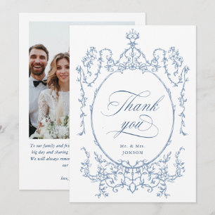 Elegante Victoriaans  stoffige blauwe trouwfoto Bedankkaart