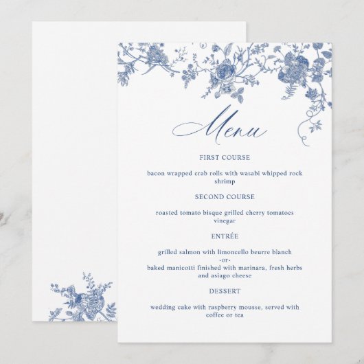 Elegante Victoriaanse Blauwe Franse Bloem Bruiloft Menu (Voorkant / Achterkant)