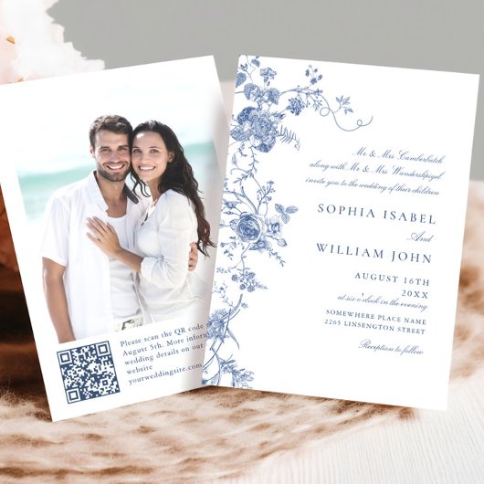 Elegante Victoriaanse Blauwe Franse Bloemige Bruil Kaart