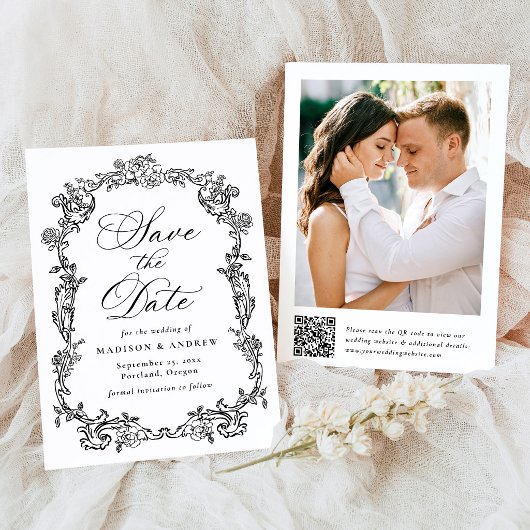 Elegante Victoriaanse bloemencode QR trouwkaart Save The Date