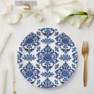 Elegante Victoriaanse damast bloempatroon Navy Blu Papieren Bordje