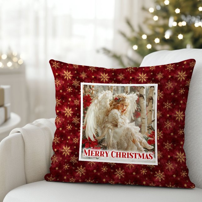 Elegante Victoriaanse Engel Rood Goud Decorative K Kussen (Elegant Victorian Angel Red Gold Decorative Christmas Pillow

)