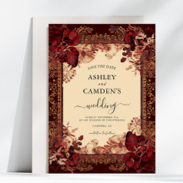 Elegante Victoriaanse Rode Gouden Huwelijk Save The Date