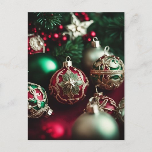 Elegante Victoriaanse Rode Groene Kerstballen Feestdagenkaart (Voorkant)