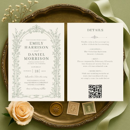 Elegante Victoriaanse Saliegroene QR Code Trouwdag Kaart