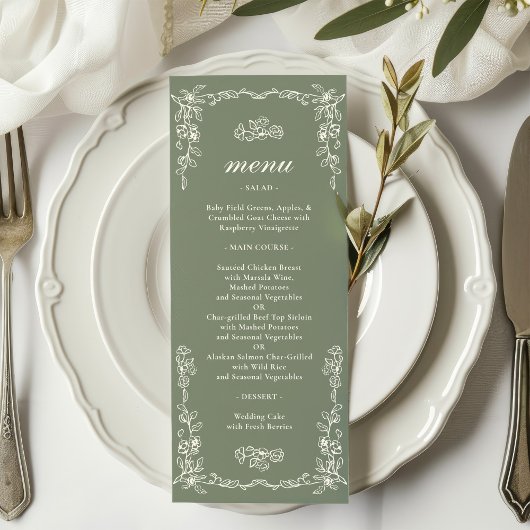 Elegante Victoriaanse saliegroene trouwdag Menu