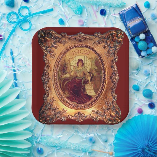 Elegante Victoriaanse vrouw gouden fotolijst rood Papieren Bordje (Feest)