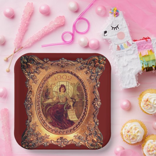 Elegante Victoriaanse vrouw gouden fotolijst rood Papieren Bordje (Feest)