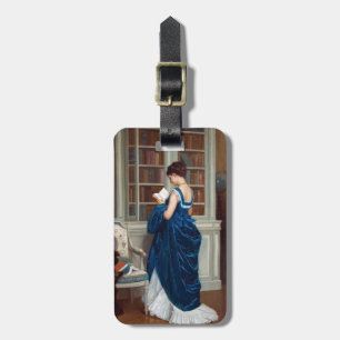 Elegante victoriaanse vrouw lezend in bibliotheek bagagelabel