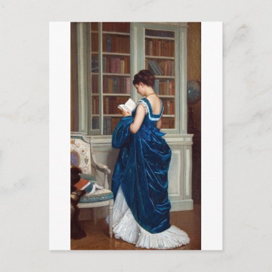 Elegante victoriaanse vrouw lezend in bibliotheek briefkaart (Voorkant)