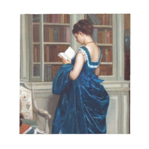 Elegante victoriaanse vrouw lezend in bibliotheek notitieblok