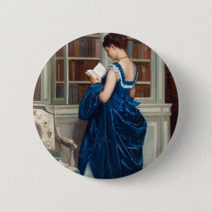 Elegante victoriaanse vrouw lezend in bibliotheek ronde button 5,7 cm