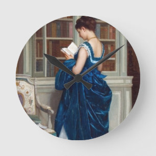 Elegante victoriaanse vrouw lezend in bibliotheek ronde klok